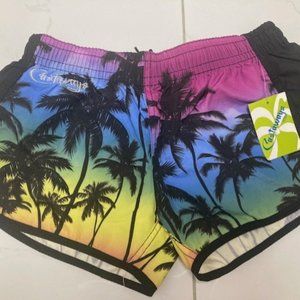 Girls Castaways sunset palm trees swim board shorts XL 14/16